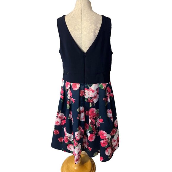 XScape A Line Dress 16W Navy Blue Floral Stretch Career Church Wedding Party - Picture 3 of 9